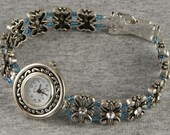 Handmade Watch - Crystal Adorned Butterflies with Teal Glass Beads