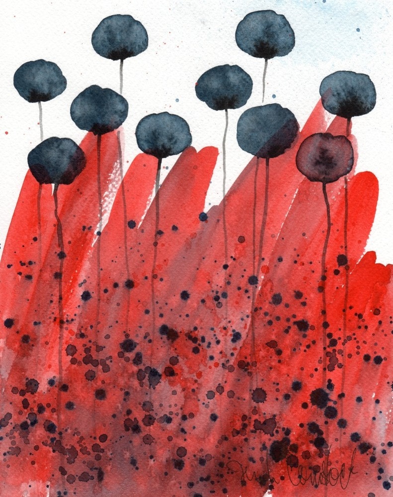 Molten -- Blue Flowers on Red -- Original Watercolor 8x10