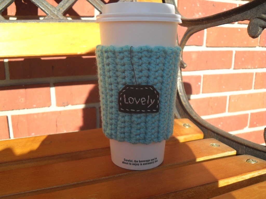 handmade crocheted to go cup cozy or paper cup sleeve in aruba sea blue ocean blue or turquoise