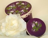 Hand Painted Decorative Mini Hat Boxes - Deep Velvety Purple with Lavender Rose Buds, Lace Trim, Set of two - Sisters Mommy Me