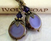 Brass Earring Purple Vintage Inspired, Neo Victorian, Czech Glass in Antiqued Bronze