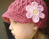 6 to 12 Month Daisy Visor Beanie - dark rose, banana, pastel pink
