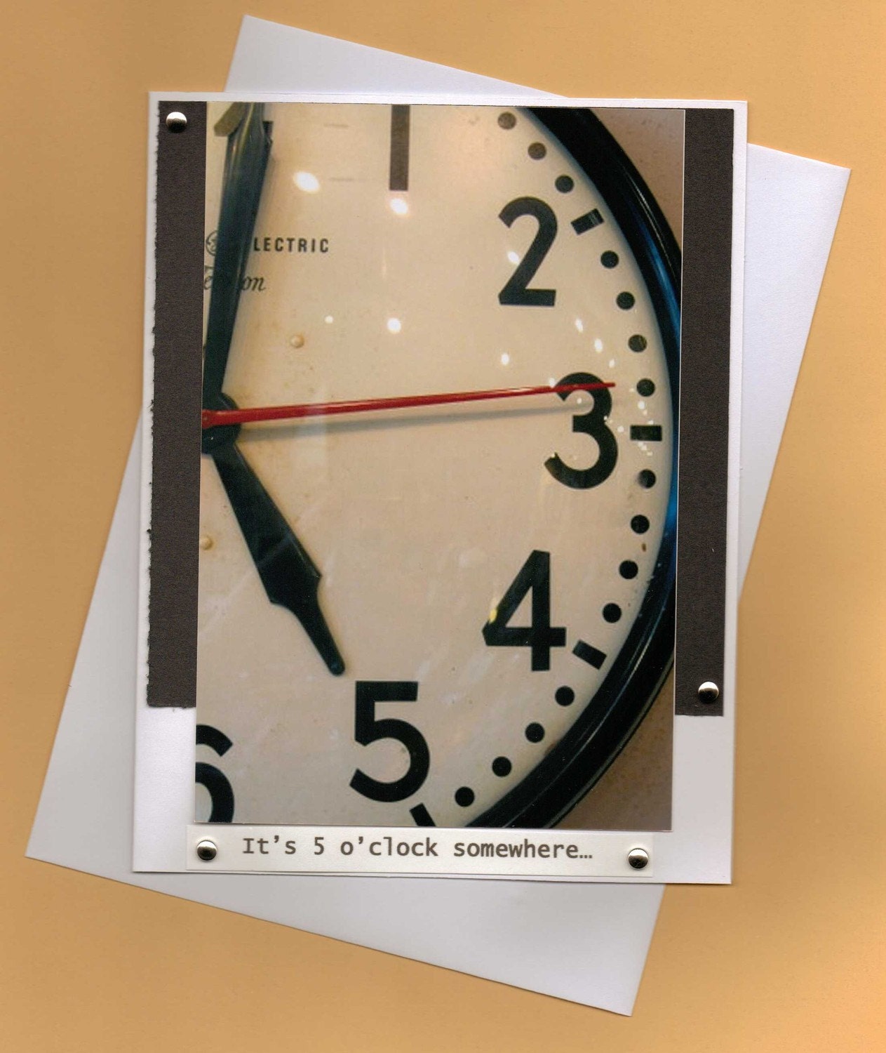 Vintage School Clock Image-Handmade Greeting Card-5 O'Clock Somewhere