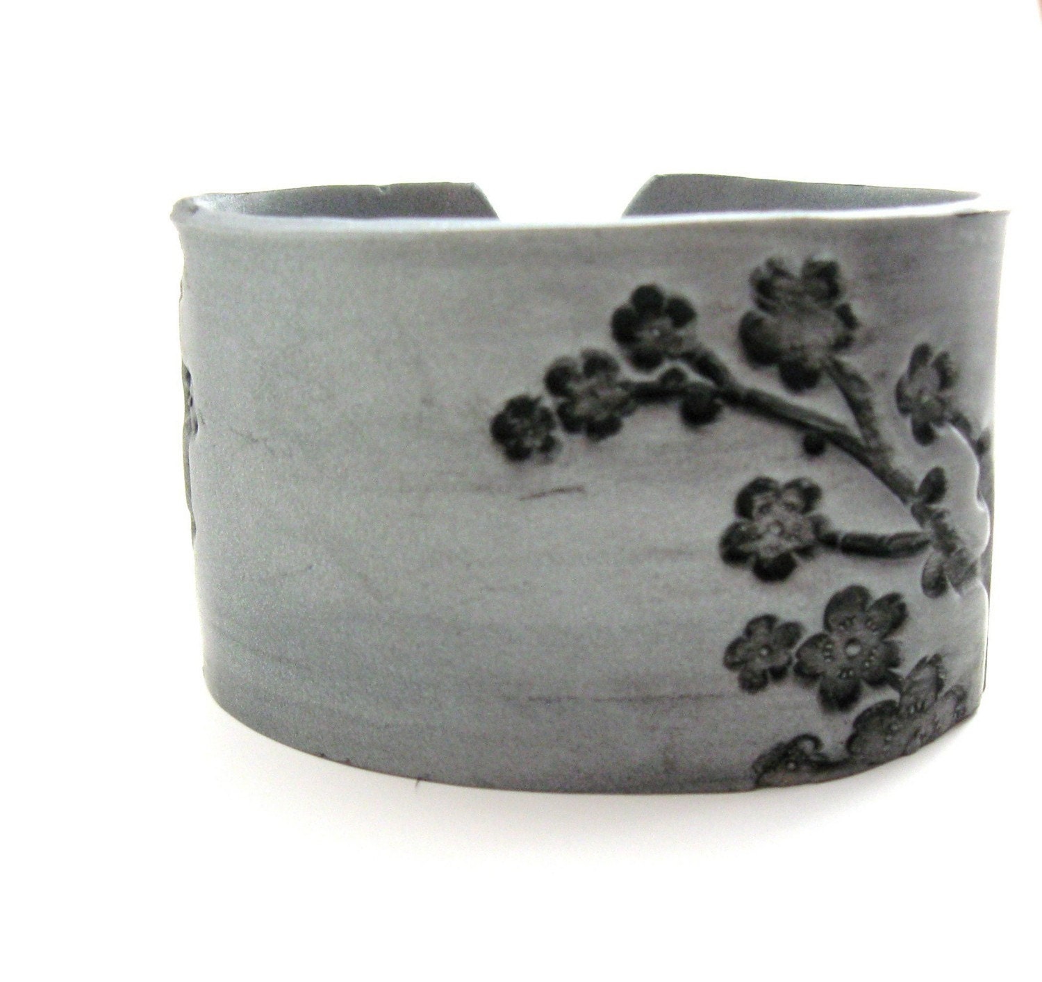 Silver cuff bracelet Asian floral blossoms design, handmade cuff bracelets by theshagbag on Etsy