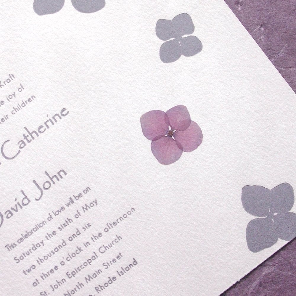Hydrangea - pressed flower Letterpress Wedding Invitation - lavender on white