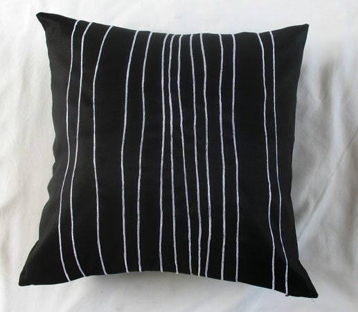 black throw pillow with white embroidered stripes 16 inch - set of two pieces