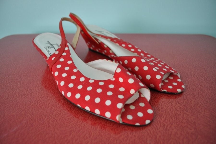 vintage sandals 50s red white polka dot 8.5