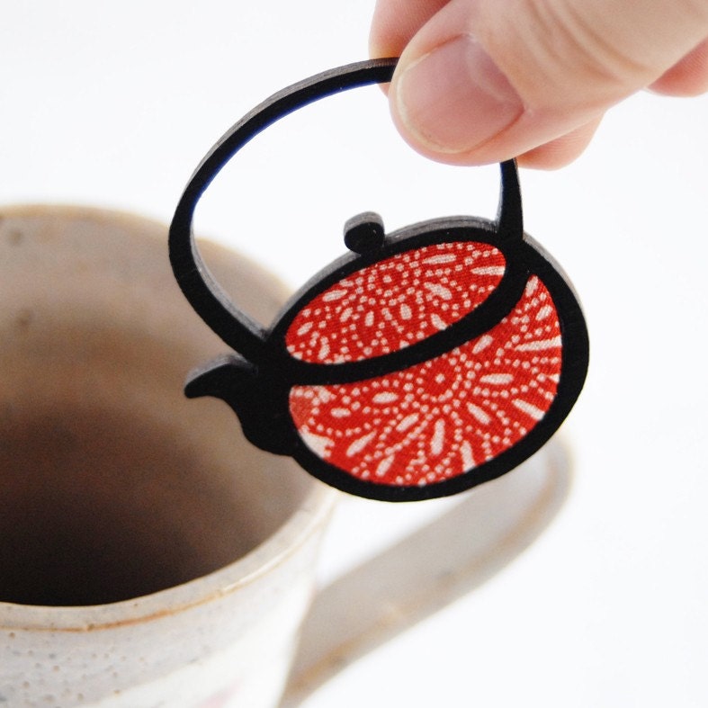 Teapot  Brooch - Vintage Kimono Fabric with Handpainted Sustainable Bamboo