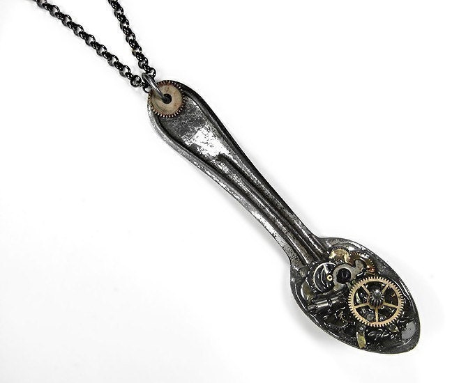Steampunk Necklace - Silver SPOON Filled with Mechanical Pocket Watch Movement Parts Necklace UNISEX - Steampunk Jewelry by edmdesigns