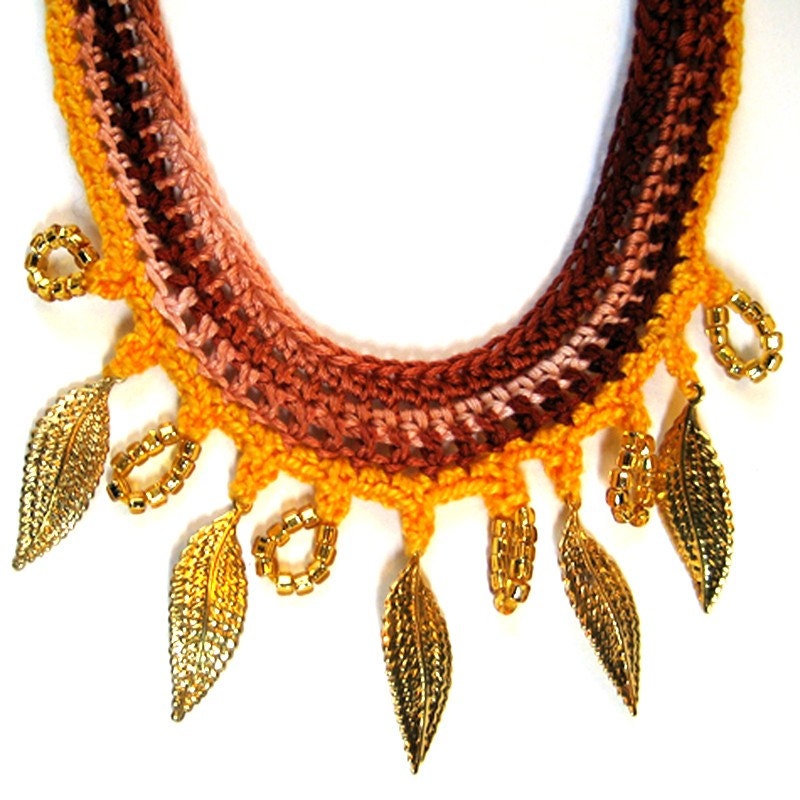Golden Leaves Crocheted Necklace with Beads