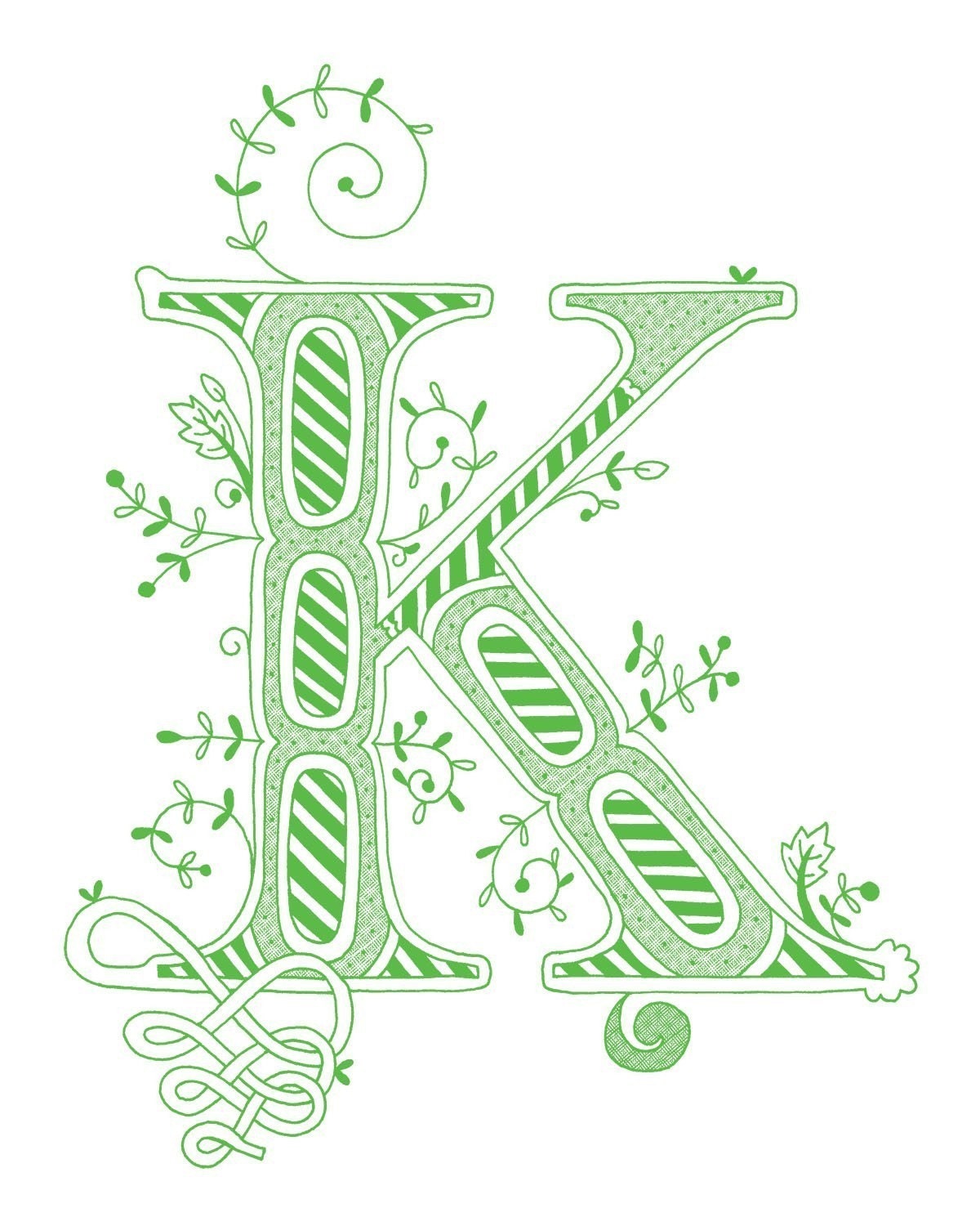 Hand drawn monogrammed print, 8x10, the Letter K, in the color green