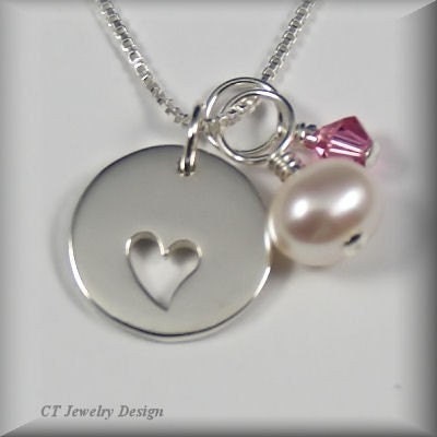 Heart Cutout Sterling Silver Pendant Necklace with Freshwater Pearl and Birthstone