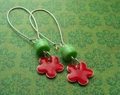 earrings CHERRY red enamel flower with green acrylic beads Christmas - FREE SHIPPING