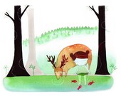 Deer and Baby Girl - Norwegian Woodland -  Green Dream Illustration