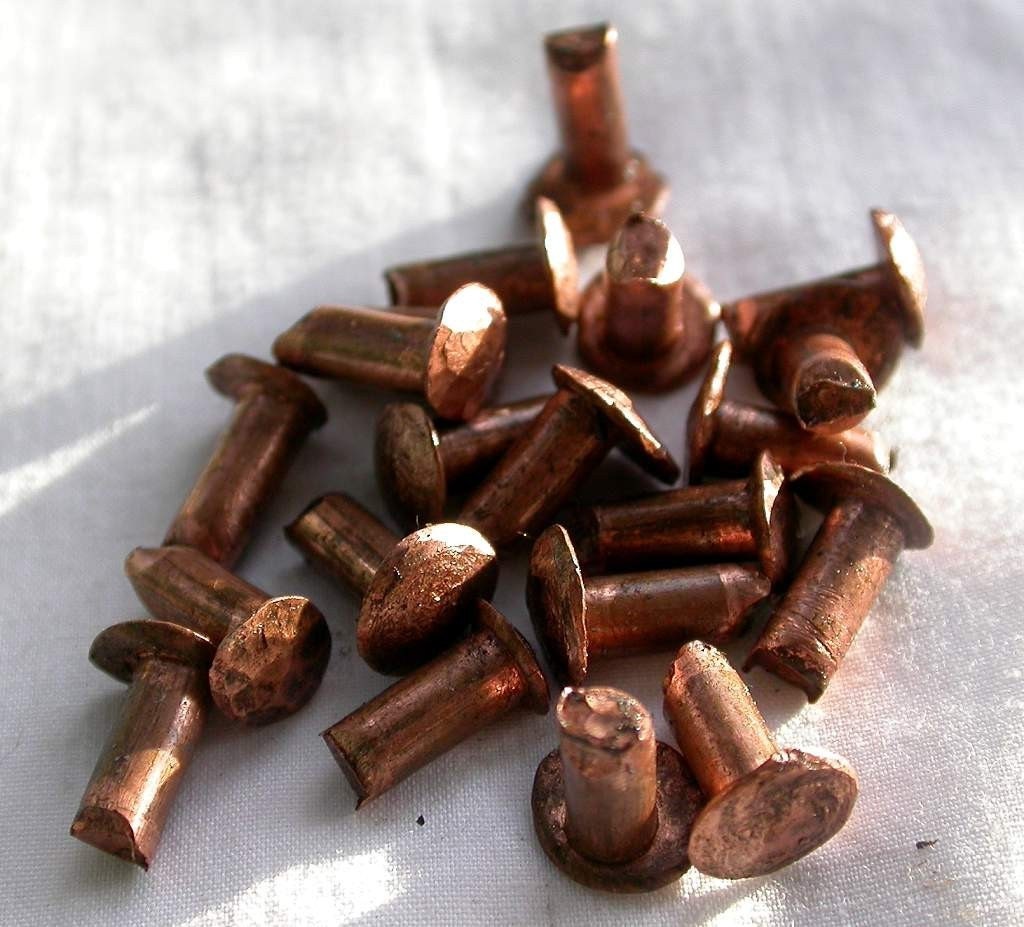 20  copper rivets, handmade 3/16 by 3/8 in. primitive