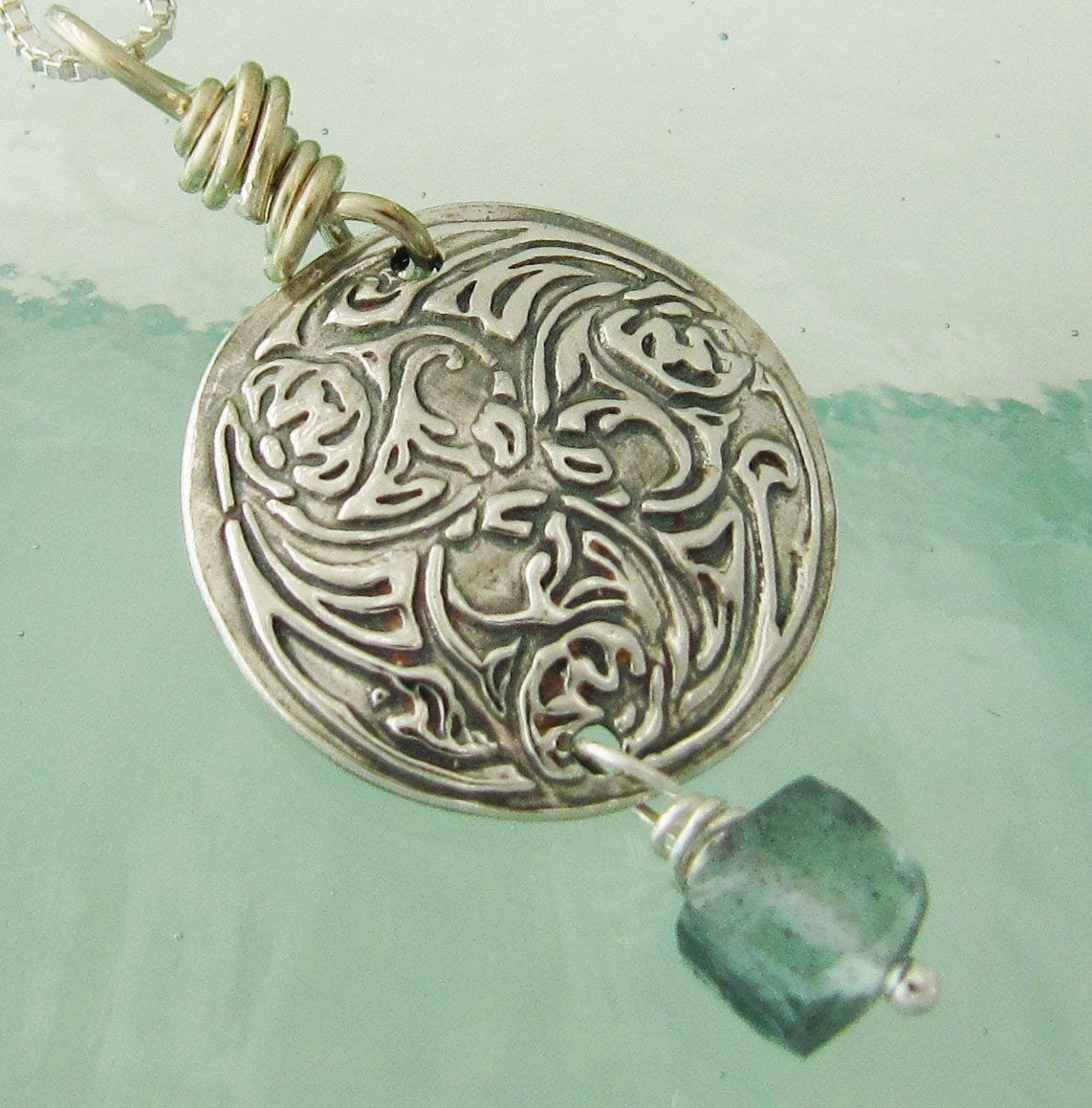 Art Nouveau Fine Silver and Moss Aquamarine Necklace