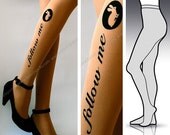 SMALL/MEDIUM sexy follow me RABBIT version tattoo tights / stockings / full length / pantyhose / nylons Cafe Latte