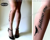 XS-S-M sexy, funny and flirty FOLLOW ME twitter Tattoo thigh-high stockings Light Mocha