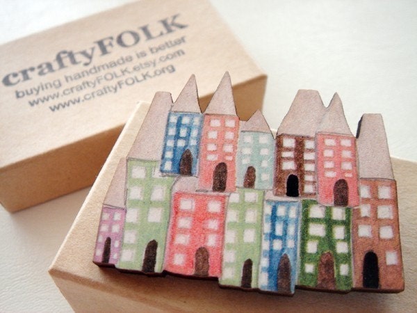 Houses Wooden Brooch