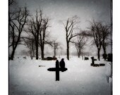 Winter Crow picture,  Dark Snow, cross, winter graveyard