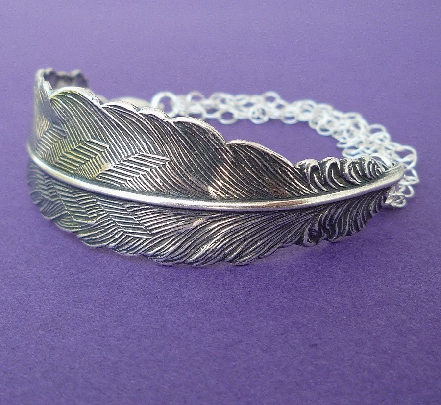 silver feather bracelet cuff sterling silver chain