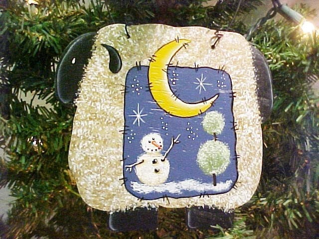 Sheep Christmas Tree Ornament With Handpainted Snowman Scene