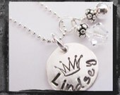 Hand Stamped Sterling Silver Charm Necklace Princess Crown and Name