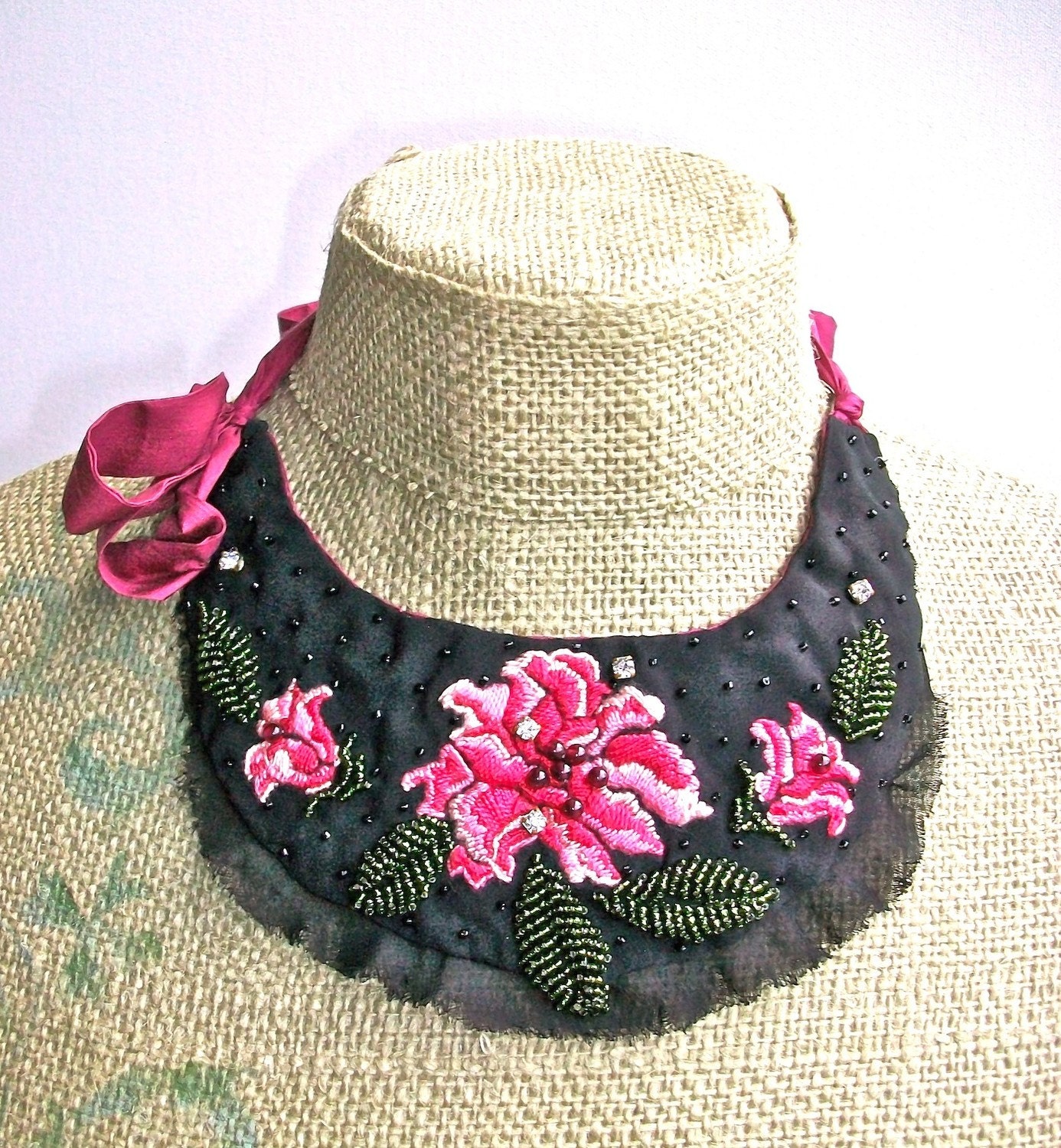Embroidered Peony- embroidered bib necklace with silk ties