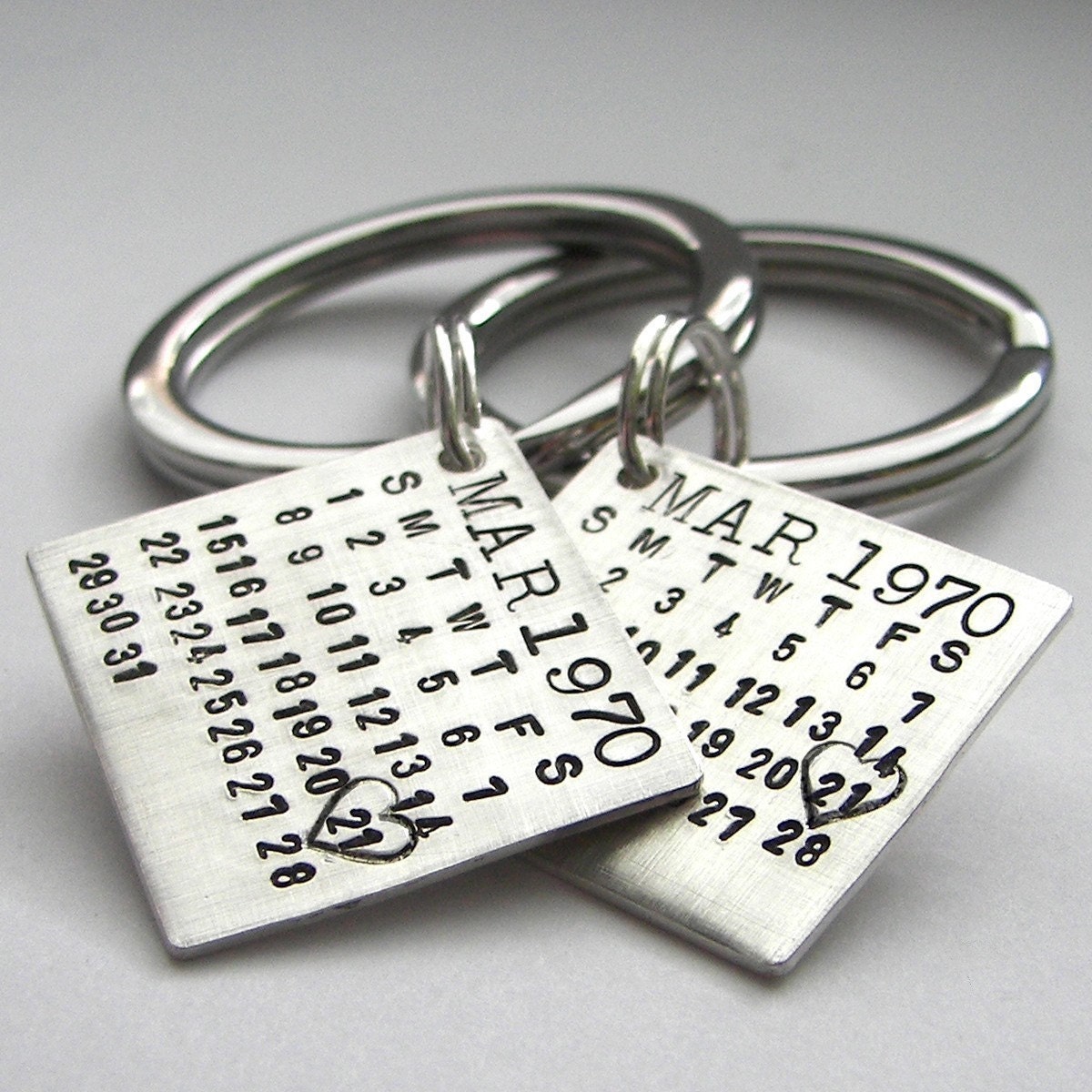 HIS and HERS Mark Your Calendar Keychains hand stamped and personalized sterling silver key chains