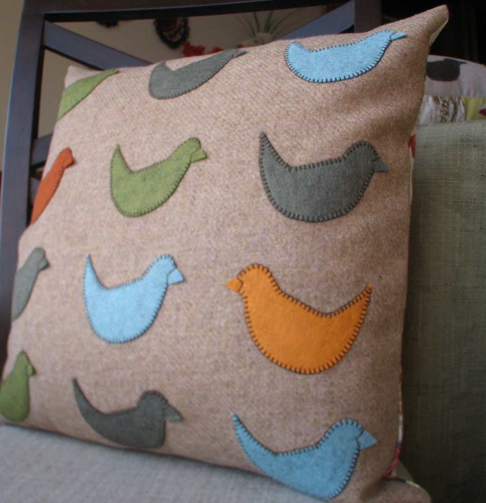 Bird Pillow -- SALE Bird's Eye View in Toasty Brown, pendleton wool, penny rug, cushion, eco friendly, designer