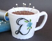 Emery Pincushion / Pin Cushion -  Felt Cup of Coffee / Hot Chocolate Personalized Monogram