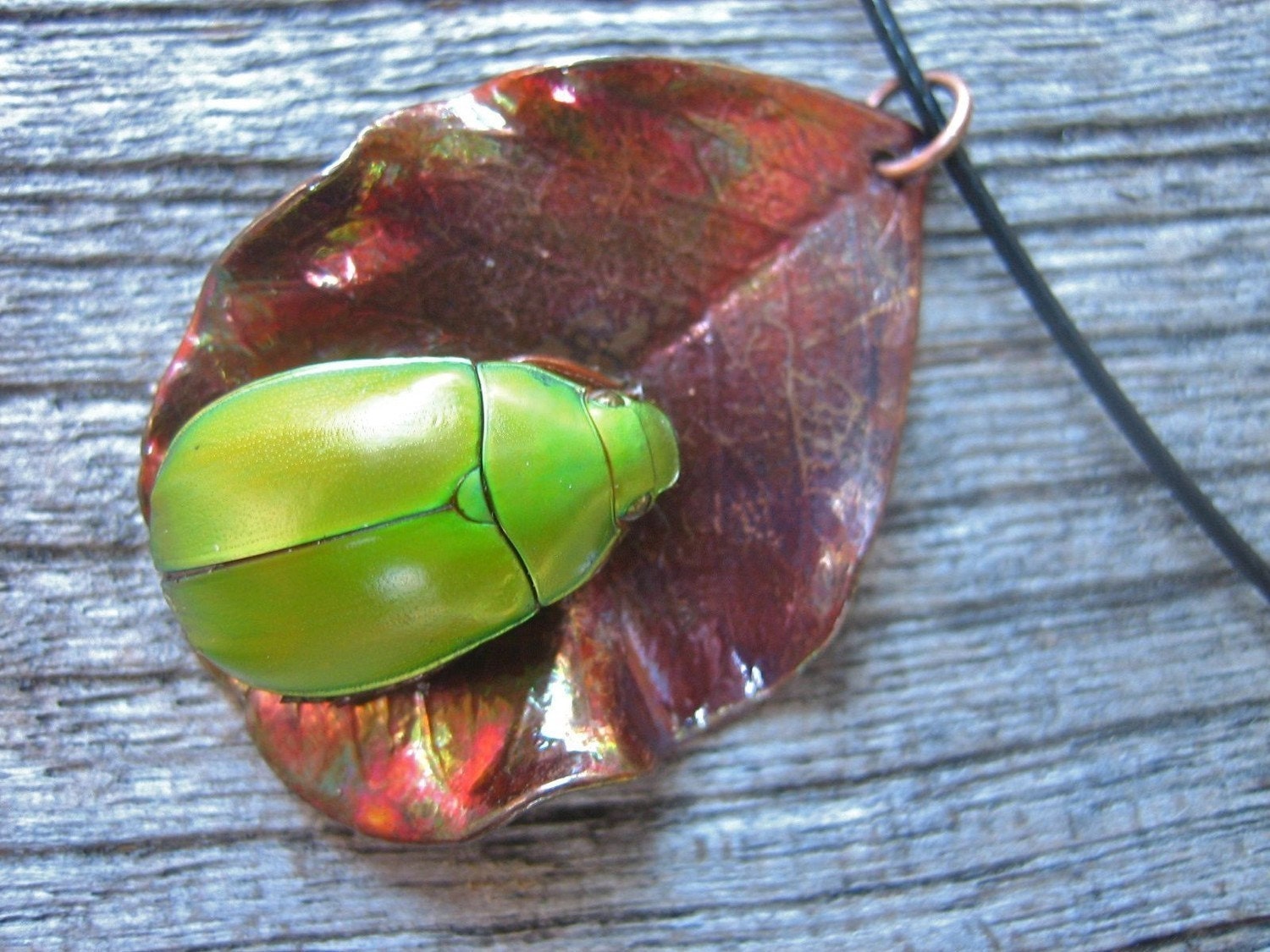 Real Copper Leaf with Green Scarab Beetle Necklace