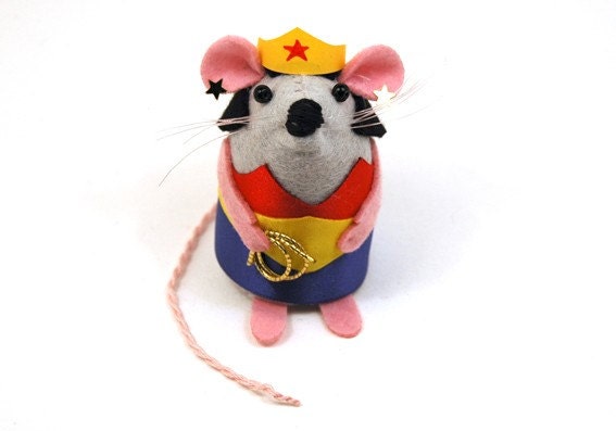 Wonder Woman Mouse ornament felt superhero rat mice hamster cute gift for animal lover comic book geek nerd - READY TO SHIP