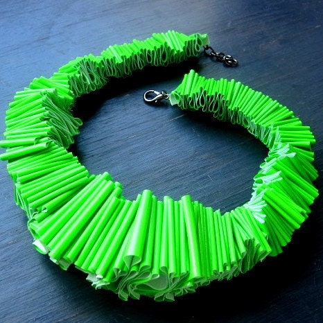 ruffle necklace, ruffle collar necklace, pvc collar, bib necklace, brilliant neon green PVC. avant garde necklace, modern jewelry