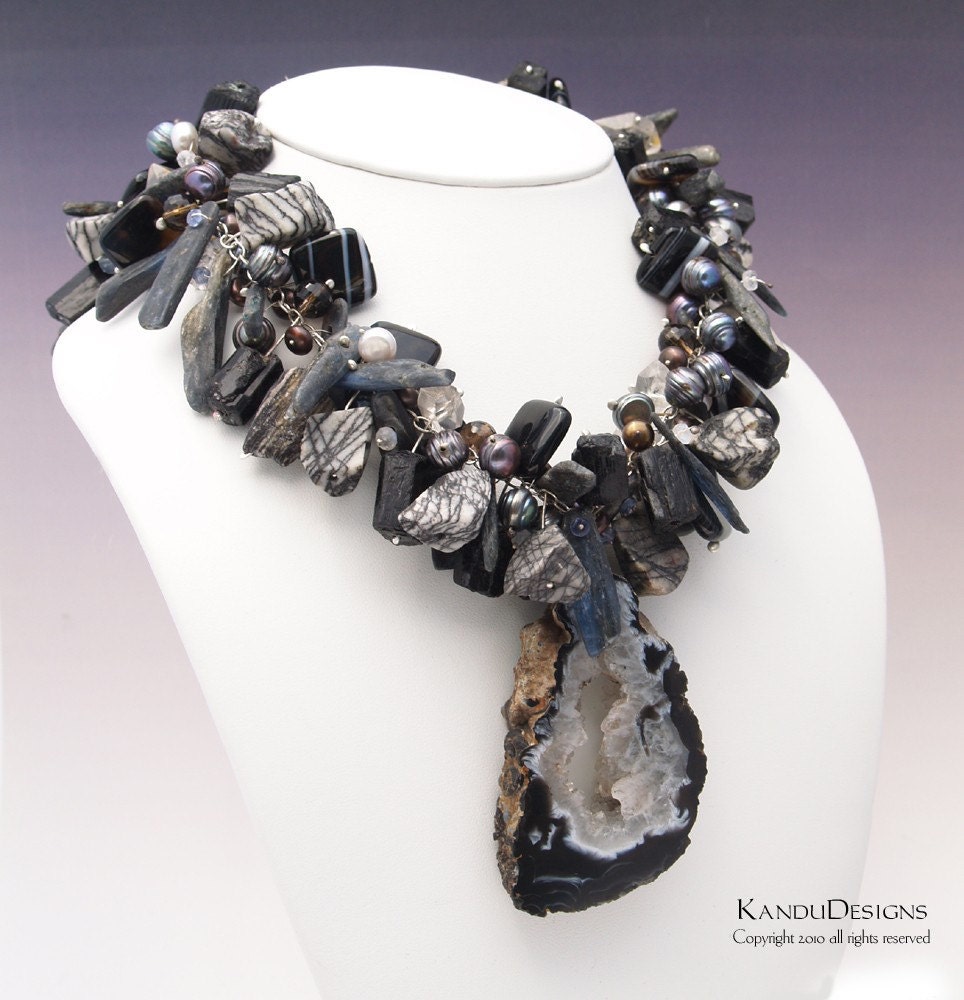 Black and White In Color with Geode Necklace, Sterling Silver Gemstones,