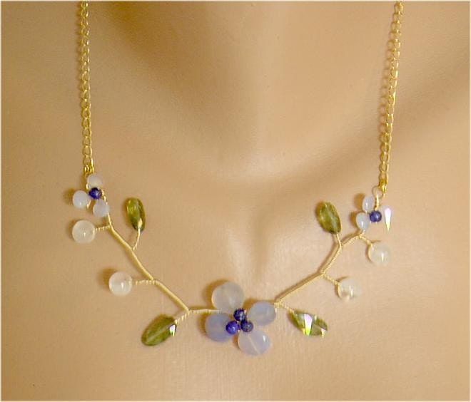 Sky Blue Chalcedony Heart Briolette Floral Necklace with Lapis and Faceted Green Apatite Nuggets 14k Gold Filled