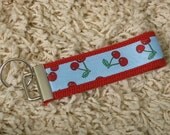 CLEARANCE SALE Red with Blue & Red Cherries Print Keychain Key Fob - SugarKitty