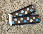 CLEARANCE SALE Blue Ivory & Chocolate Brown Polka Dots Keychain Key Fob - SugarKitty