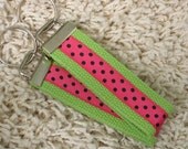 CLEARANCE SALE Lime Green with Pink & Black Polka Dots Keychain Key Fob - SugarKitty