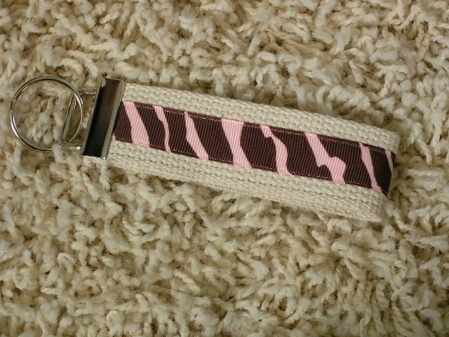 CLEARANCE SALE Cream with Pink & Brown Zebra Print Keychain Key Fob - SugarKitty