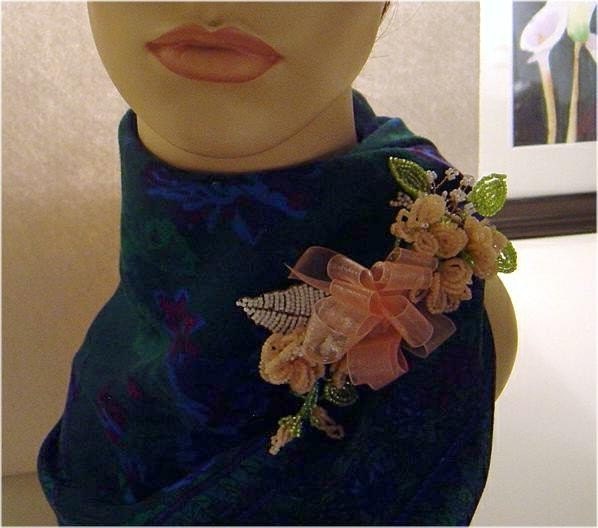A Rose by Any Other Name French Beaded Floral Corsage Brooch in Peach