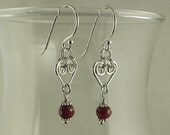 Sterling Silver Heart and Dark Ruby Dangle Earrings