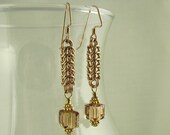 Gold Chainmaille Earrings -Queen's (Box) Weave- with Swarovski Cube Dangles