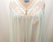 Vintage Vanity Fair Nightie in soft sheer mint chiffon with ivory lace applique and neckline size Medium