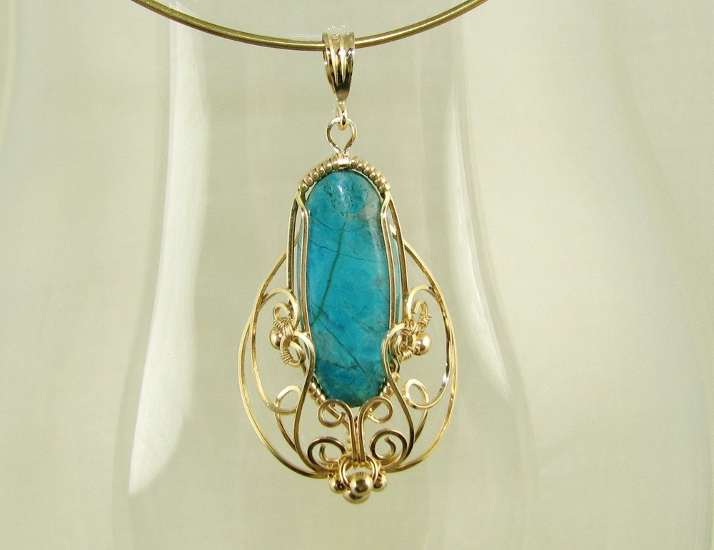 Chrysocolla Cabochon Filigree Style Wire Wrapped Drop Pendant