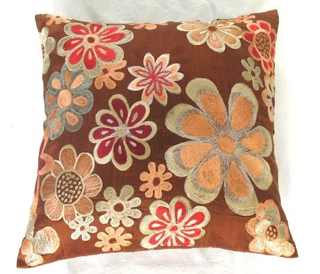 brown floral embroidered silk throw pillow cushion cover