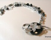Black Onyx and Vintage Rhinestone Floral Necklace