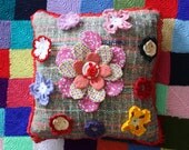 Granny Chic Crochet on Woven Fabric Kitsch Cushion Pillow