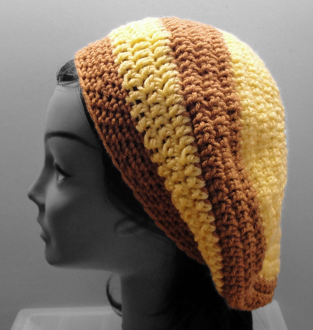 Slouchy Beret Hat - Yellow and Tan - Hand Crocheted - Ready to Ship