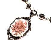 Steampunk Jewelry - Necklace - Goth Silver Tone and Silhouette Light Pink Rose Cameo  - Designs Exclusively by CatherinetteRings